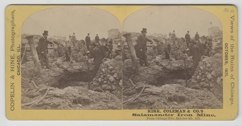 Vista estereográfica de la mina de hierro Salamander de Kirk, Coleman & Company después del incendio de Chicago de 1871
